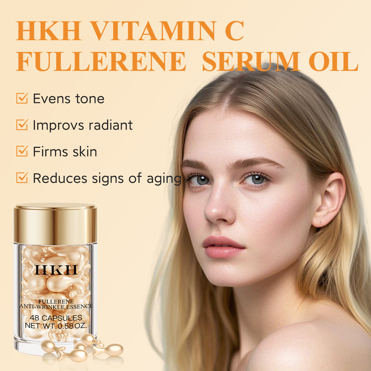 Suero de Vitamina C HKH para la Cara: 48 Cápsulas Suero Reparador de Arrugas Anti-Envejecimiento con Retinol - Aceite de Vitamina E y Niacinamida para Mujeres - Cuidado Profundo Diario de la Piel para Alisar, Hidratar y Iluminar Líneas Finas